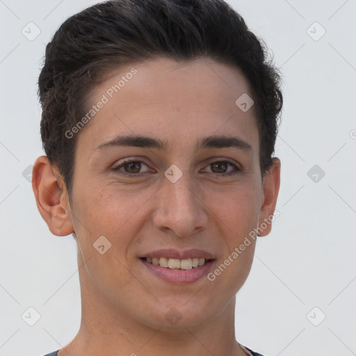 Joyful white young-adult female with short  brown hair and brown eyes