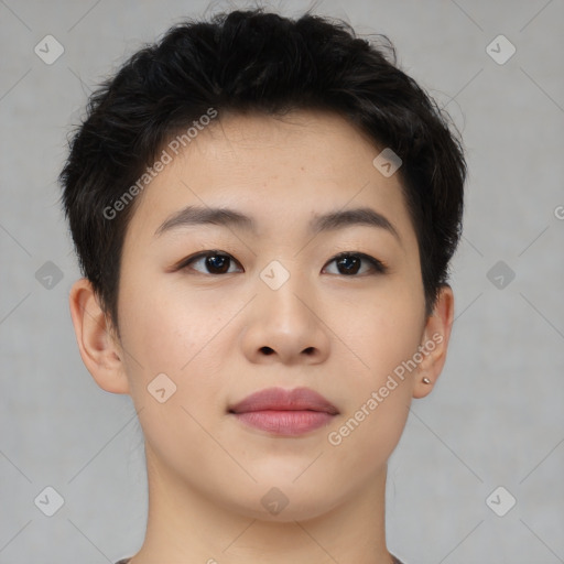 Neutral asian young-adult female with short  brown hair and brown eyes