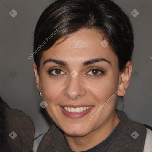 Joyful white young-adult female with short  brown hair and brown eyes