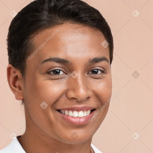 Joyful white young-adult female with short  brown hair and brown eyes