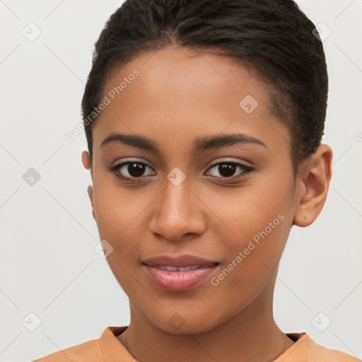 Joyful latino young-adult female with short  brown hair and brown eyes