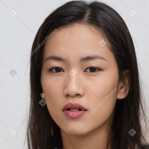 Neutral asian young-adult female with long  brown hair and brown eyes