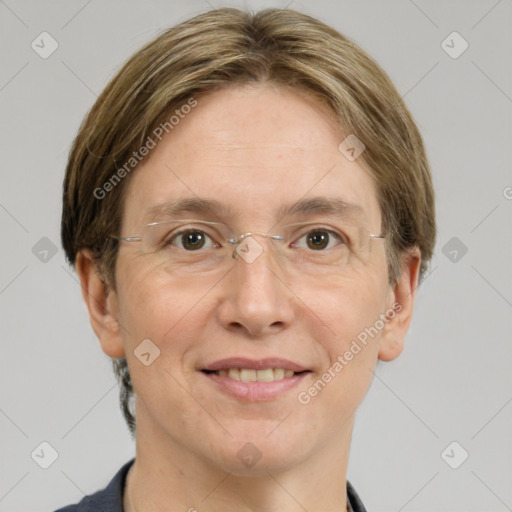 Joyful white adult female with short  brown hair and grey eyes