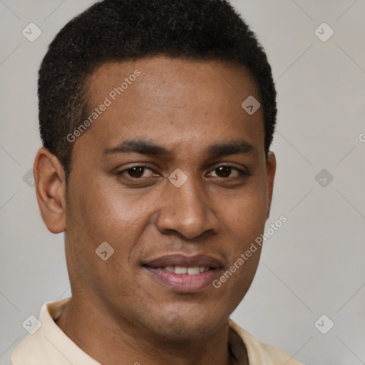 Joyful latino young-adult male with short  brown hair and brown eyes