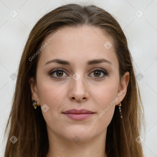 Joyful white young-adult female with long  brown hair and green eyes