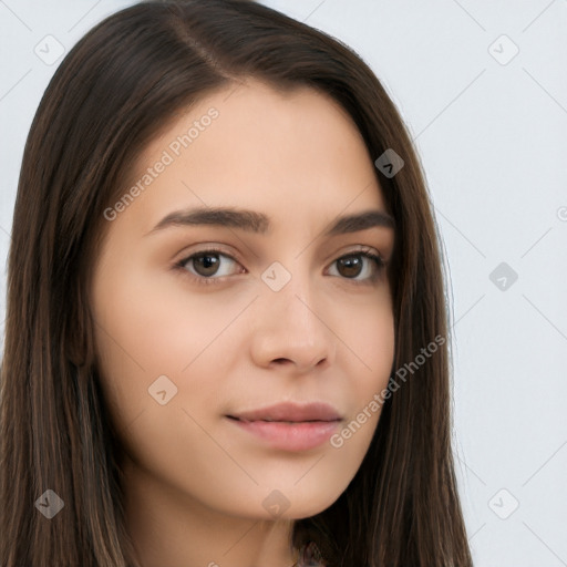 Neutral white young-adult female with long  brown hair and brown eyes