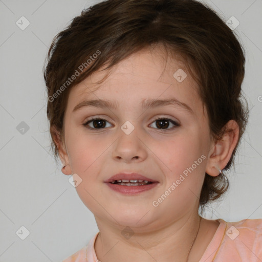 Joyful white child female with medium  brown hair and brown eyes