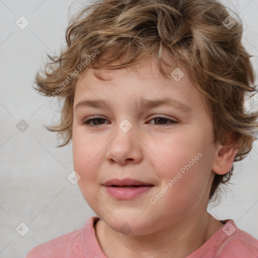 Joyful white child female with medium  brown hair and brown eyes