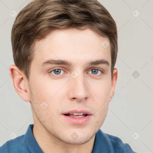 Neutral white young-adult male with short  brown hair and grey eyes