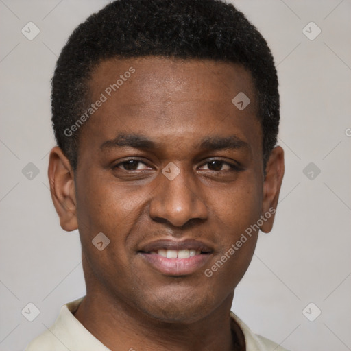 Joyful latino young-adult male with short  brown hair and brown eyes