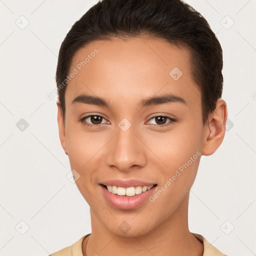 Joyful white young-adult female with short  brown hair and brown eyes