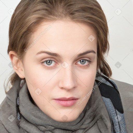 Neutral white young-adult female with medium  brown hair and blue eyes