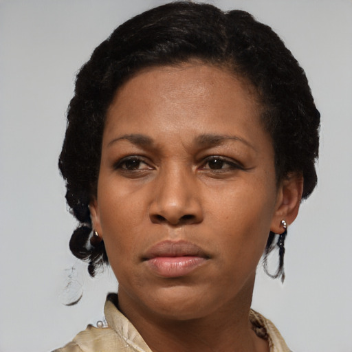 Neutral latino adult female with short  brown hair and brown eyes