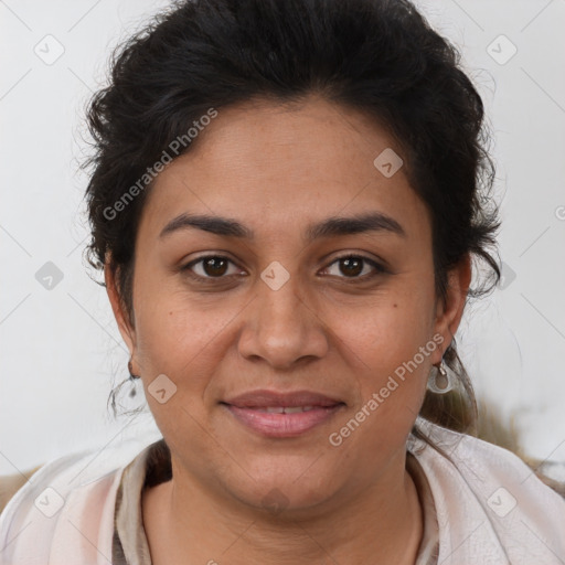 Joyful latino young-adult female with short  brown hair and brown eyes