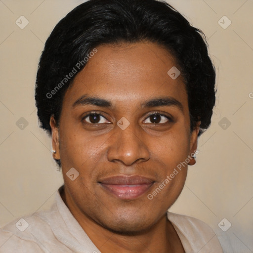 Joyful black young-adult male with short  black hair and brown eyes
