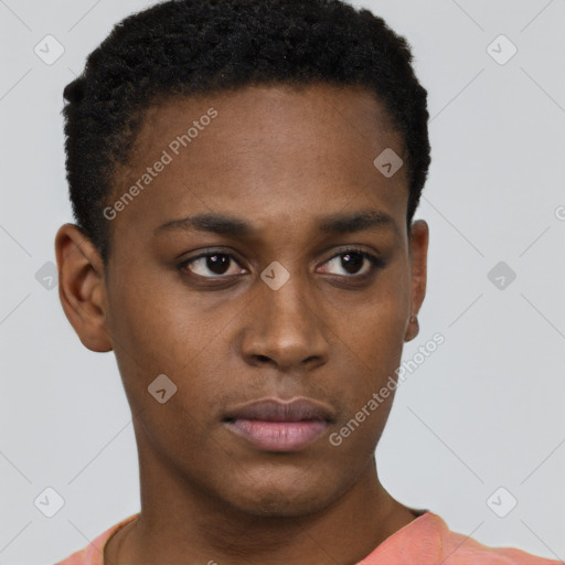 Neutral black young-adult female with short  brown hair and brown eyes