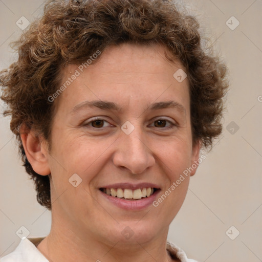 Joyful white adult female with short  brown hair and brown eyes