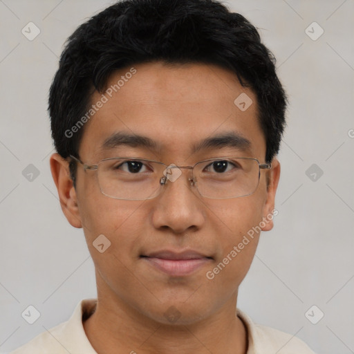 Neutral asian young-adult male with short  brown hair and brown eyes