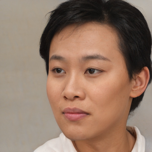 Neutral asian young-adult female with short  brown hair and brown eyes