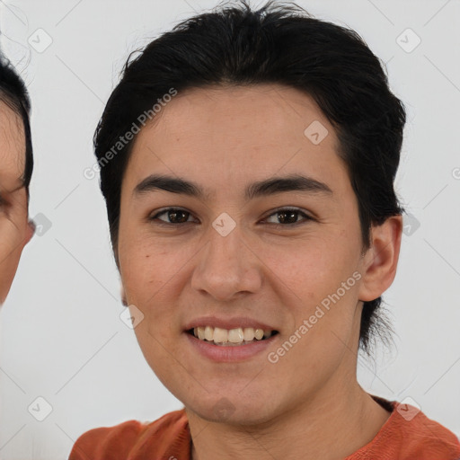 Joyful asian young-adult female with short  brown hair and brown eyes