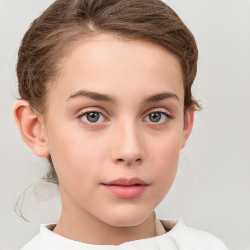 Neutral white child female with medium  brown hair and grey eyes