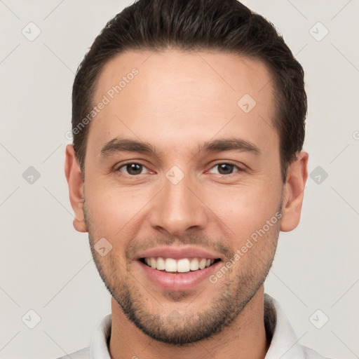 Joyful white young-adult male with short  brown hair and brown eyes