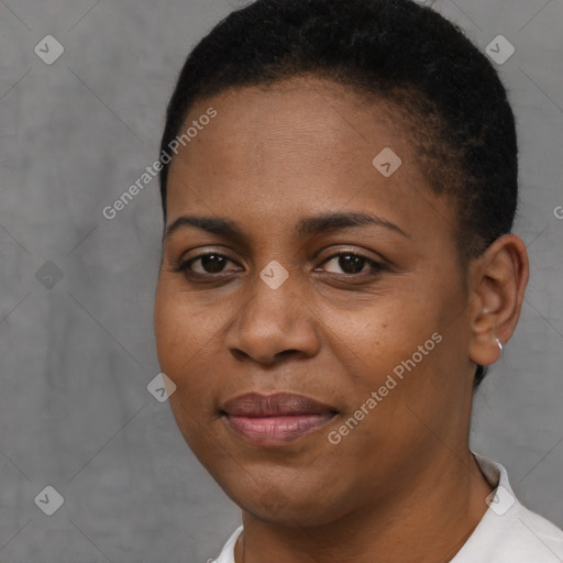 Joyful black young-adult female with short  brown hair and brown eyes