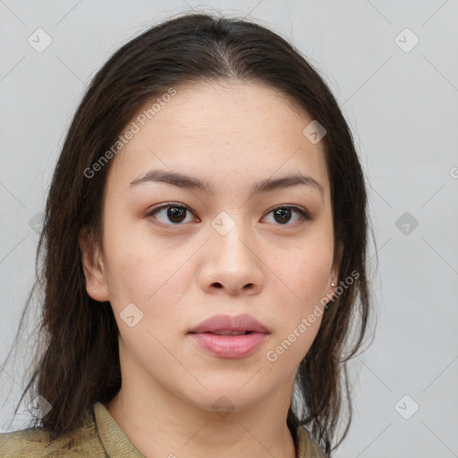 Neutral white young-adult female with medium  brown hair and brown eyes