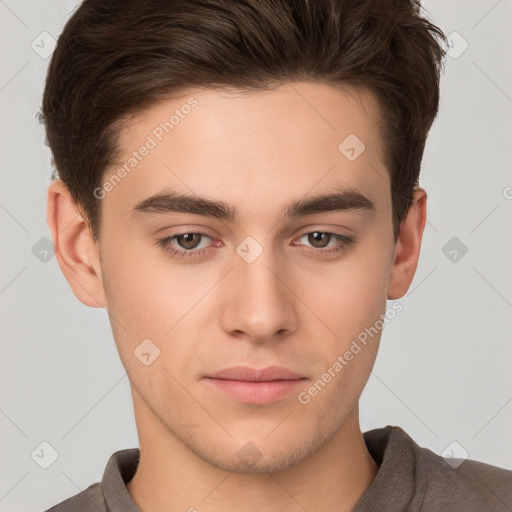 Neutral white young-adult male with short  brown hair and brown eyes