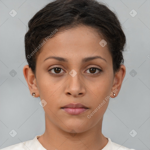 Neutral white young-adult female with short  brown hair and brown eyes