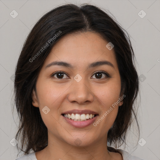 Joyful white young-adult female with medium  brown hair and brown eyes