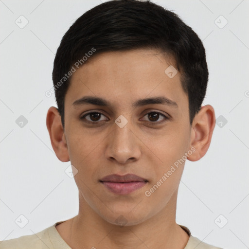 Joyful latino young-adult male with short  brown hair and brown eyes