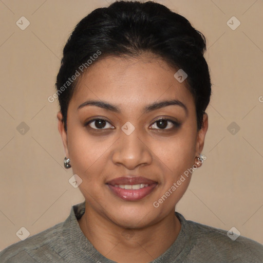 Joyful latino young-adult female with short  black hair and brown eyes