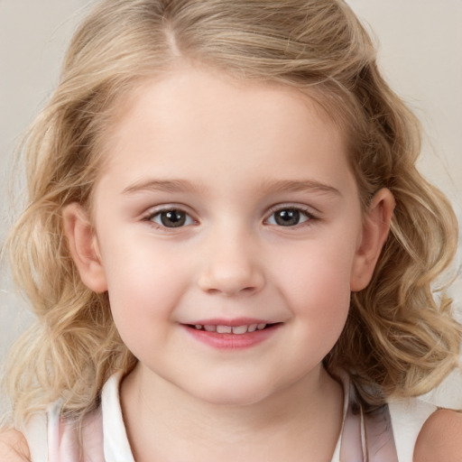 Joyful white child female with medium  blond hair and grey eyes