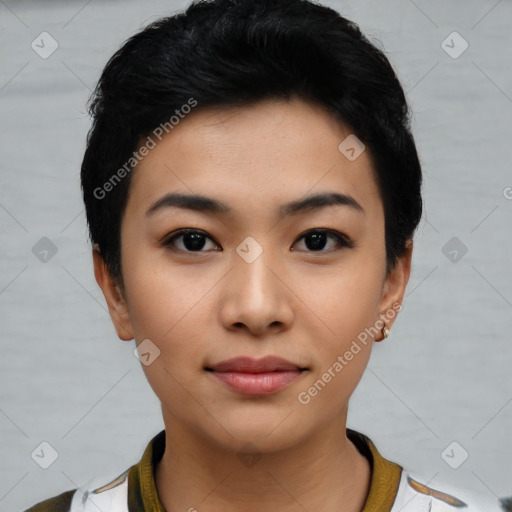 Neutral asian young-adult female with short  black hair and brown eyes