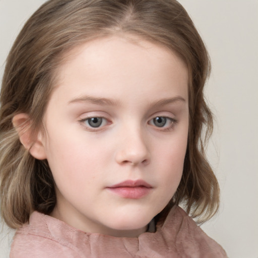 Neutral white child female with medium  brown hair and blue eyes