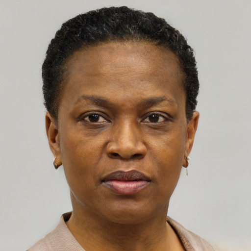 Joyful black adult female with short  brown hair and brown eyes