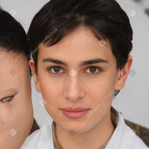 Joyful white young-adult female with medium  brown hair and brown eyes