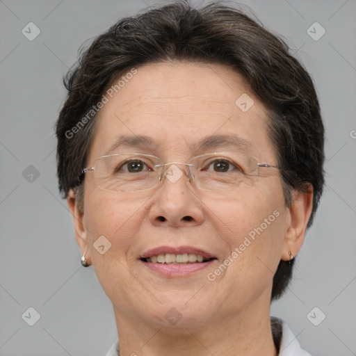 Joyful white adult female with short  brown hair and brown eyes