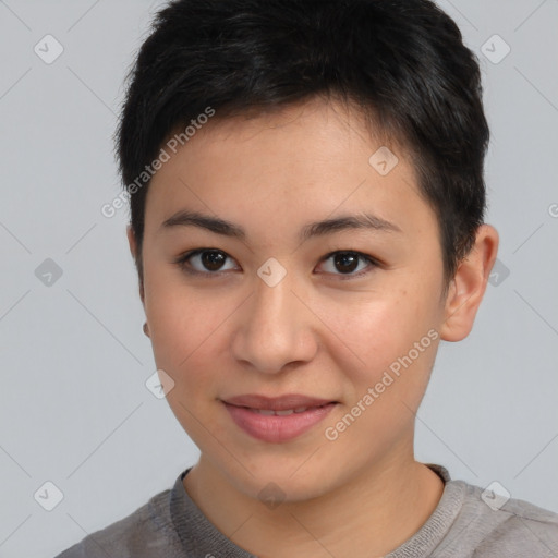 Joyful asian young-adult female with short  brown hair and brown eyes