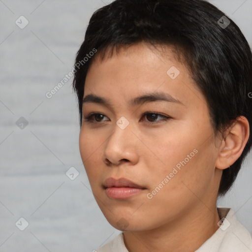 Neutral asian young-adult female with short  black hair and brown eyes