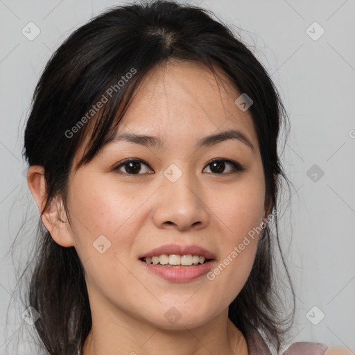 Joyful white young-adult female with medium  brown hair and brown eyes
