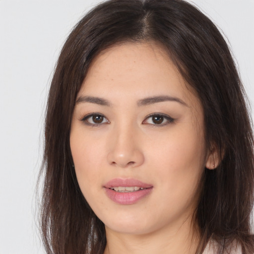 Neutral asian young-adult female with long  brown hair and brown eyes
