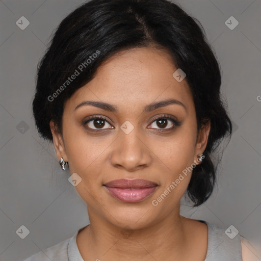 Joyful latino young-adult female with medium  black hair and brown eyes