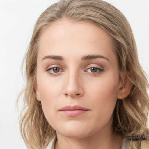 Neutral white young-adult female with long  brown hair and grey eyes