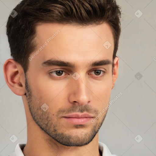 Neutral white young-adult male with short  brown hair and brown eyes