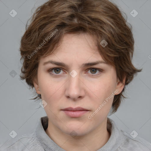 Neutral white young-adult female with medium  brown hair and brown eyes