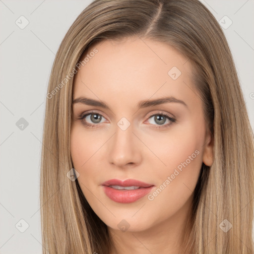 Neutral white young-adult female with long  brown hair and brown eyes