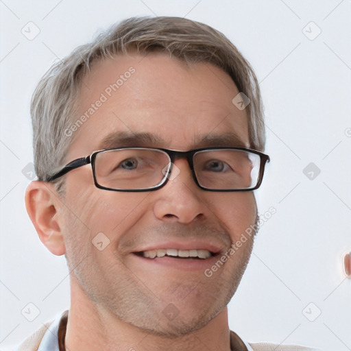 Joyful white adult male with short  brown hair and grey eyes