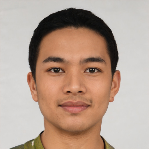 Neutral asian young-adult male with short  black hair and brown eyes